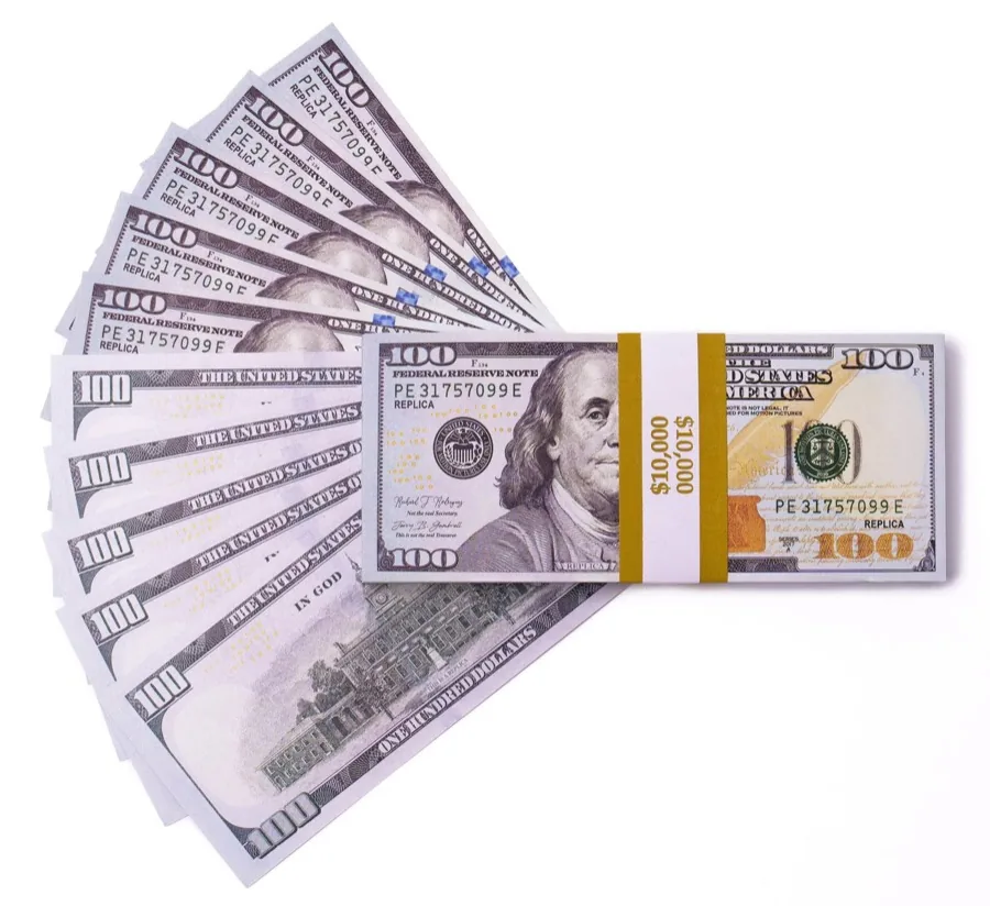 Banded stack of replica $100 bills, mustard $10,000 strap