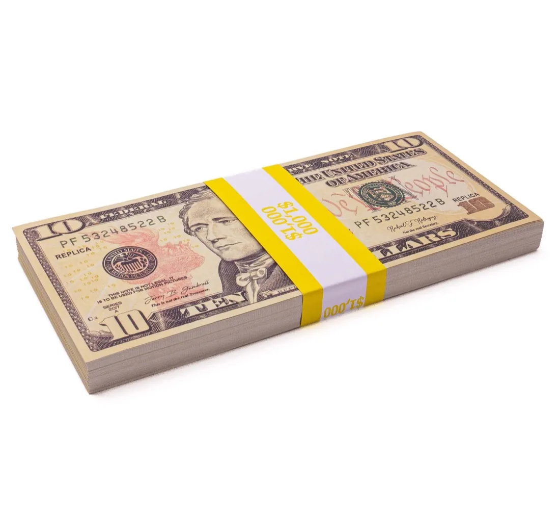 Replica $10 bundle close-up, yellow $1,000 strap