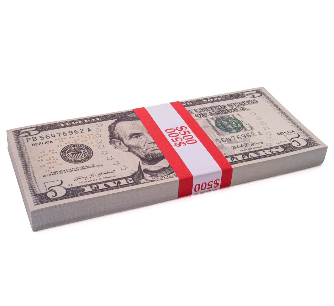 Replica $5 bundle close-up, red $500 strap