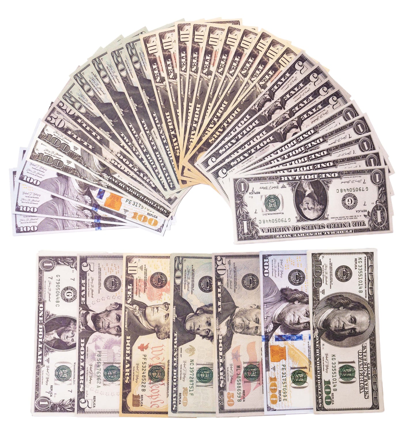 Mixed replica stack of all denominations, fanned out